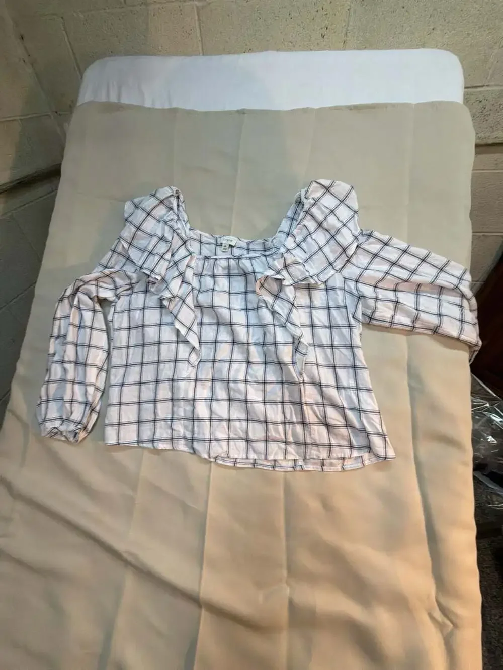 J. Crew Women's Squareneck Ruffle Plaid Top, White/Navy, Size XL